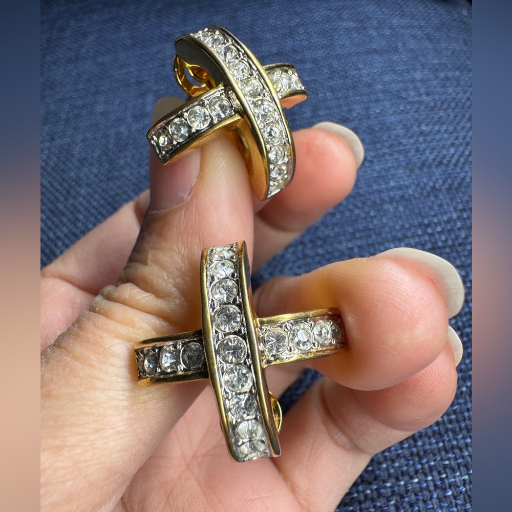 Nina Ricci Gold Tone Crystal Cross Clip on Earrings